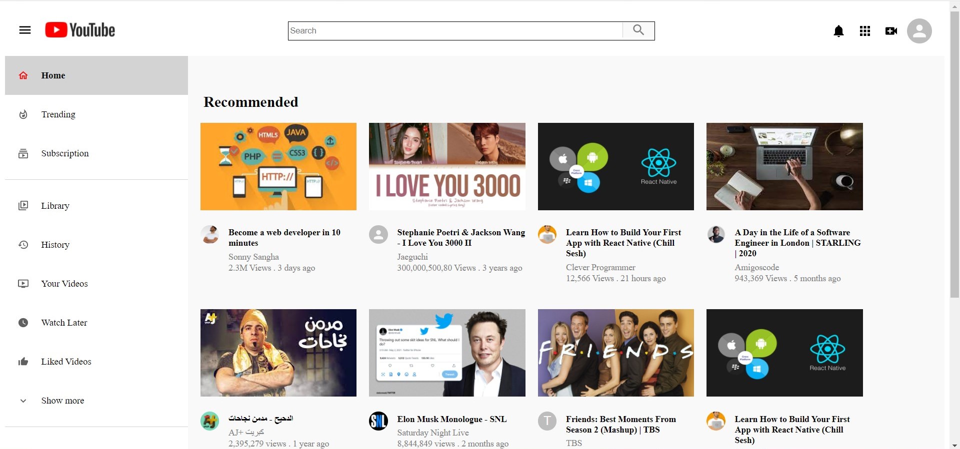 youtube home page clone and search without functionality (React JS)